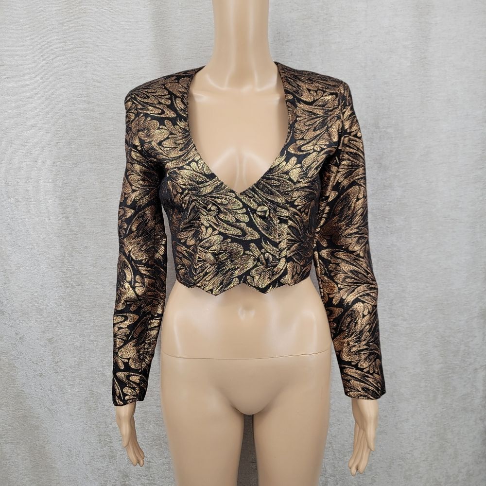 Vintage Gold and Black Brocade Cropped Jacket Double Breasted Blazer Western